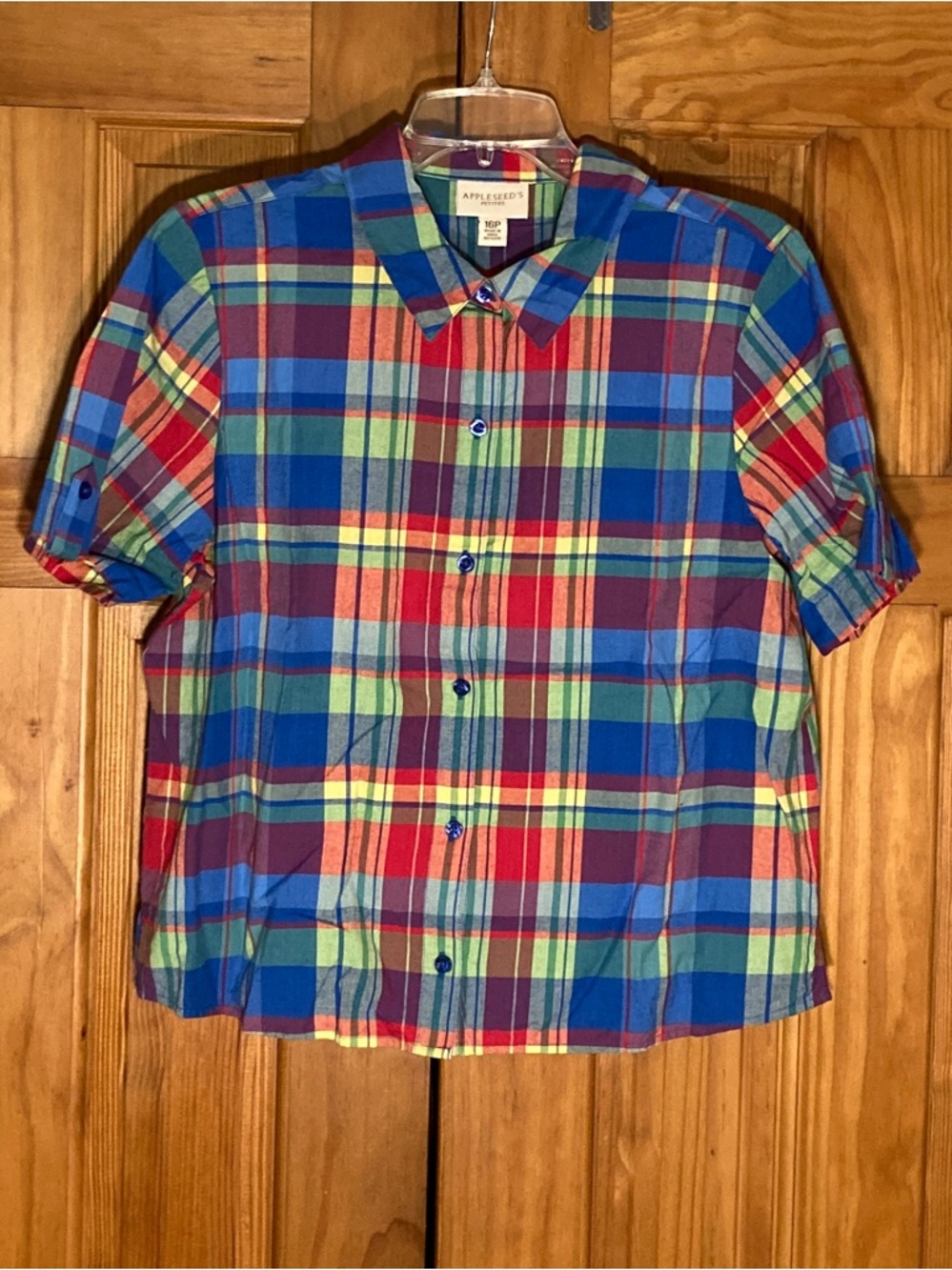 NWOT Appleseed's Petites Vintage 90s Top Short Sleeve Blouse Plaid Blue Size 16P